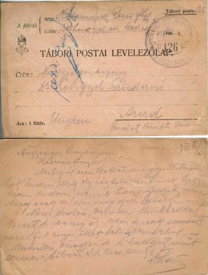 Carte poștală cu ștampila M kir 301 honvéd gyalog ezred expediată la Arad de pe frontul din Galiția, 1915, Feldpost 126, Tábori postai levelezőlap
