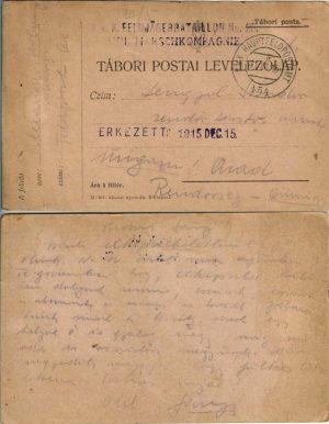 Tábori postai levelezőlap, 1915, cu ștampila Feldjägerbataillon Nr 28, Feldpost 154, circulată la Arad de pe frontul din Galiția, carte poștală militară