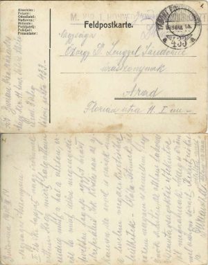 Feldpostkarte/carte poștală militară cu ștampila M kir 11 honvéd tábori tűzér ezred expediată la Arad de pe frontul din Bucovina, 1918, Feldpost 433