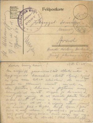Feldpostkarte/carte poștală militară, 1918, cu ștampila Feldjägerbataillon Nr 28, Feldpost 642, circulată la Arad de pe frontul din Galiția