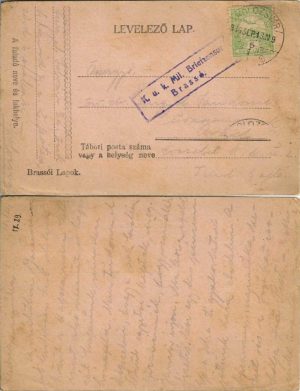 Carte poștală maghiară circulată Cluj, 1916, ștampilă cenzură militară Brașov, k u k Mil Briefzensur Brassó, levelező lap, imprimat tipărit la Brașov