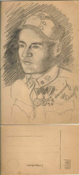 Desen în creion, militar austro-ungar pe frontul italian, 1918, pe tipizat Feldpostkarte