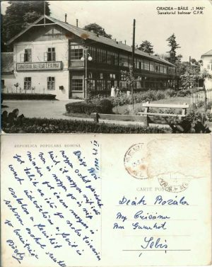 Oradea, Băile 1 Mai, Sanatoriul balnear CFR, carte poștală circulată Sebiș, RPR