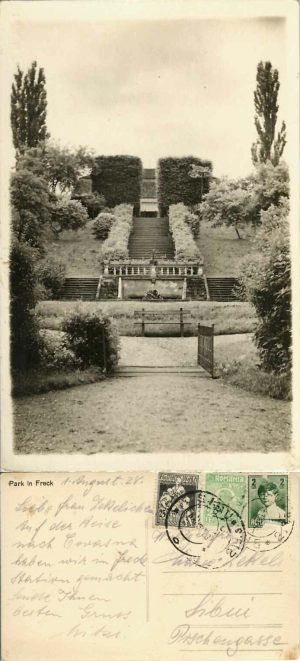 Park in Freck, Avrig, carte poștală circulată Sibiu, 1928