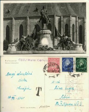 Kolozsvár, Mátyás király szobor/Cluj, Matei Corvin, carte poștală circulată Sibiu, 1948