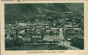 Vederea Brașovului de pe dealul Cetățuei, carte poștală circulată Ghelar, județul Hunedoara, 1929