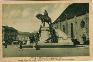 Cluj - Kolozsvár - Klausenburg/Statuia Matei Corvinul - Mátyás Király szobor - König Mathias-Denkmal, carte poștală circulată Ghelar, județul Hunedoara, 1927