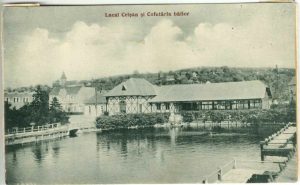 Lacul Crișan și Cofetăria băilor, Ocna Sibiului, carte poștală, 1931