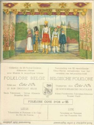 Folklore belge, Editié par Côte d’Or, Le bon chocolat belge, Folklore Côte d’Or No 95, Liège, Tchantchès et Nanesse à la Cour du Roi de France - reclamă ciocolată
