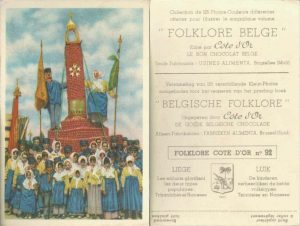 Folklore belge, Editié par Côte d’Or, Le bon chocolat belge, Folklore Côte d’Or No 92, Liège, Les enfants glorifient les deux types populaires: Tchantchès et Nanesse - reclamă ciocolată