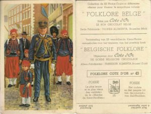 Folklore belge, Editié par Côte d’Or, Le bon chocolat belge, Folklore Côte d’Or No 43, Fosse, Le plus jeune et le plus vieux des "soldats" de la "Marche" de Saint-Feuillien - reclamă ciocolată