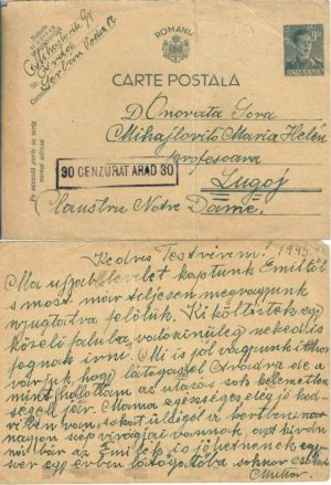 Carte poștală circulată Arad - Claustrul Notre Dame Lugoj, 1945, ștampilă cenzură Arad