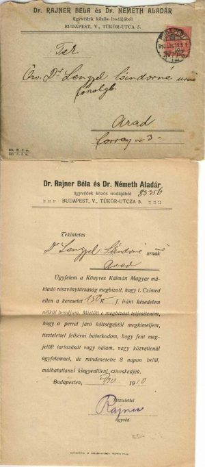 Dr Rajner Béla és Dr Németh Aladár, plic și scrisoare circulate Budapesta - Arad, 1910