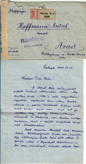 Plic și scrisoare circulate Szolnok - Arad, 1921