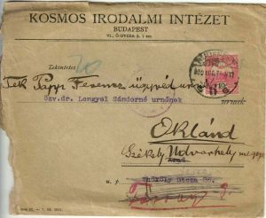 Kosmos Irodalmi Intézet Budapest, plic cu antet circulat Ocland, 1909