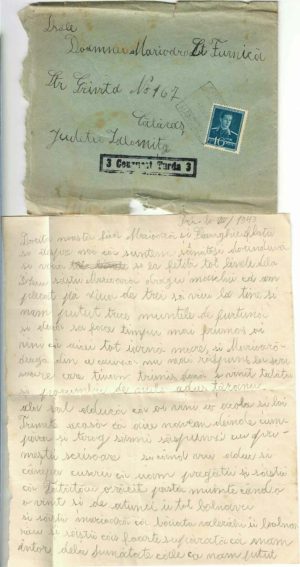 Scrisoare cu plic cu ștampila Cenzurat Turda, expediată la Călărași, județul Ialomița din Bociu, județul Cluj, 1943
