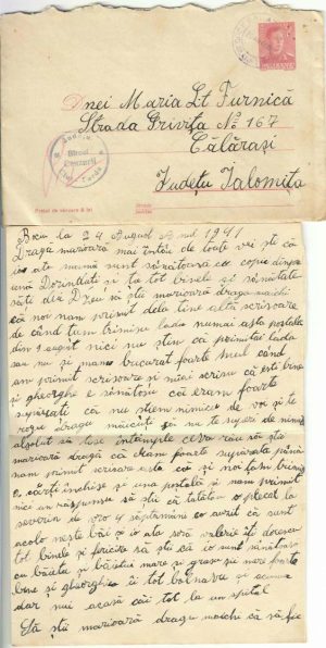 Scrisoare cu plic cu ștampila Biroul Cenzurii Județul Cluj-Turda, expediată la Călărași, județul Ialomița din Bociu, județul Cluj, 1941