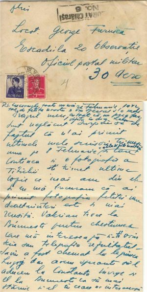 Plic cu scrisoare expediat de la Călărași, județul Ialomița la Escadrila 20 Observație, ștampilă OPM 30 și Cenzurat Călărași, 1942