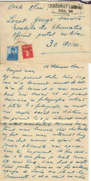 Plic cu scrisoare expediat de la Călărași, județul Ialomița la Escadrila 20 Observație, ștampilă OPM 30 și Cenzurat Călărași, 1942