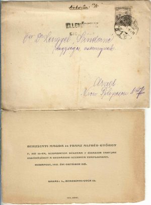 Invitație și plic circulate Arad, ștampilă Ellenőrizve Szolnok, 1921