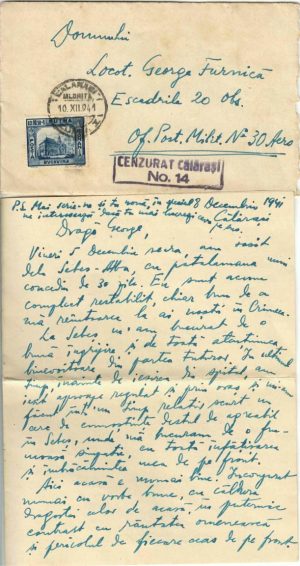 Plic cu scrisoare expediat de la Călărași, județul Ialomița la Escadrila 20 Observație, ștampilă OPM 30 și cenzurat Călărași, 1941, ofițer român cu șoc posttraumatic