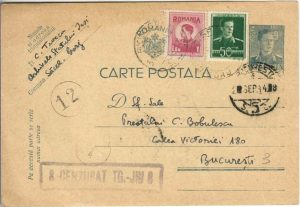 Constantin Turcu, Săcel, Gorj, carte poștală către preot Constantin Bobulescu, 1944, ștampilă cenzură Târgu Jiu