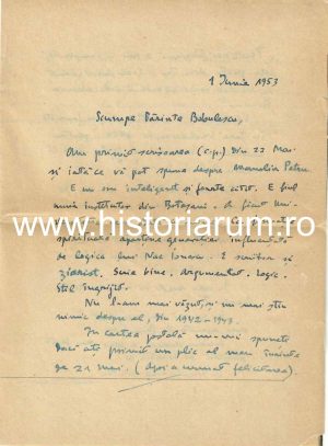 Constantin Turcu, scrisoare olografă către preot Constantin Bobulescu, 1953