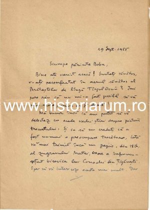 Constantin Turcu, scrisoare olografă către preot Constantin Bobulescu, 1955