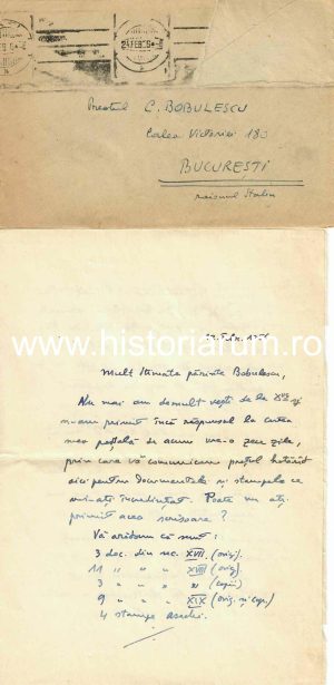 Constantin Turcu, Iași, scrisoare olografă către preot Constantin Bobulescu, 1956