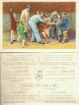 Folklore belge, Editié par Côte d’Or, Le bon chocolat belge, Folklore Côte d’Or No 244, Deuxième série, En Flandre, Les "cannoniers" tirent une salve pour fêter des jeunes mariés - reclamă ciocolată