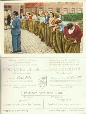 Folklore belge, Editié par Côte d’Or, Le bon chocolat belge, Folklore Côte d’Or No 236, Deuxième série, Turnhout, Course en sac pour les femmes - reclamă ciocolată