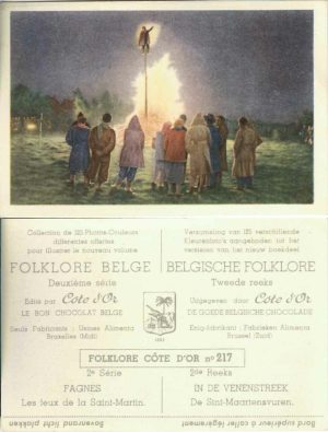 Folklore belge, Editié par Côte d’Or, Le bon chocolat belge, Folklore Côte d’Or No 217, Deuxième série, Fagnes, Les feux de la Saint-Martin - reclamă ciocolată