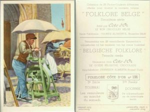 Folklore belge, Editié par Côte d’Or, Le bon chocolat belge, Folklore Côte d’Or No 196, Deuxième série, Tournai, Les remouleurs au marché du samedi - reclamă ciocolată