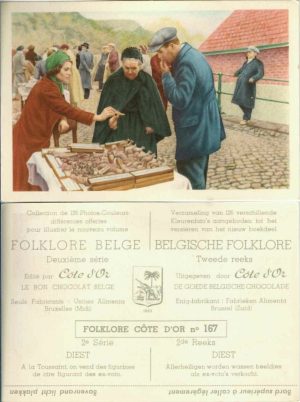 Folklore belge, Editié par Côte d’Or, Le bon chocolat belge, Folklore Côte d’Or No 167, Deuxième série, Diest, A la Toussaint, on vend des figurines de cire figurant des ex-voto - reclamă ciocolată