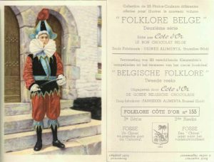 Folklore belge, Editié par Côte d’Or, Le bon chocolat belge, Folklore Côte d’Or No 155, Deuxième série, Fosse, Un Chinel va prendre part au Carnaval - reclamă ciocolată