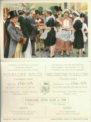 Folklore belge, Editié par Côte d’Or, Le bon chocolat belge, Folklore Côte d’Or No 152, Deuxième série, Menin, Le bourgmestre inaugure la grande "braderie" - reclamă ciocolată
