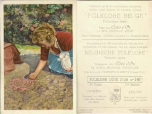 Folklore belge, Editié par Côte d’Or, Le bon chocolat belge, Folklore Côte d’Or No 146, Deuxième série, Campine, Comment on décore avec des dessins de sable - reclamă ciocolată