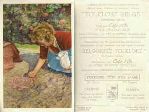 Folklore belge, Editié par Côte d’Or, Le bon chocolat belge, Folklore Côte d’Or No 146, Deuxième série, Campine, Comment on décore avec des dessins de sable - reclamă ciocolată