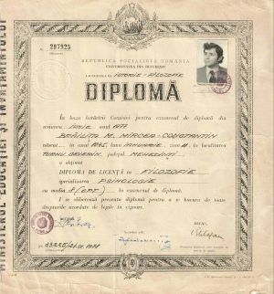 Diplomă de licență în filozofie, specialitatea psihologie, 1977, Universitatea din București