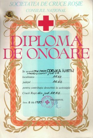 Societatea de Cruce Roșie, Consiliul Național, diplomă de onoare pentru membru al comitetului județean al Crucii Roșii Arad, 1987, cu insignă Evidențiat Crucea Roșie a RSR