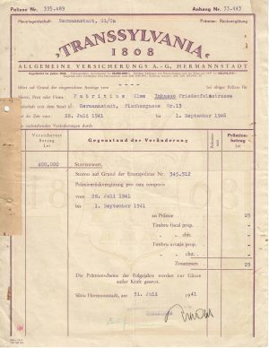 Transsylvania 1868 Allgemeine Versicherungs AG Hermannstadt, operațiune de stornare pentru o valoare asigurată, 1941, Sibiu