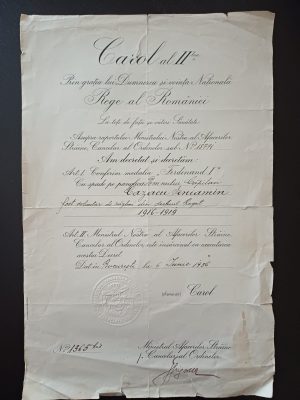 Brevet pentru medalia Ferdinand I al eroului Veniamin Cazacu, 1936