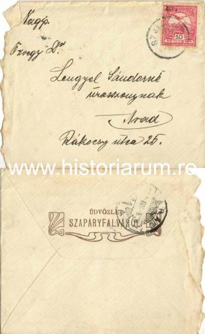 Plic inscripționat "Üdvözlet Szapáryfalváról" circulat Szapáryfalva/Țipari, județul Timiș - Arad, anterior anului 1918