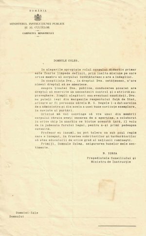 Nicolae Iorga, prim-ministru și ministru al Instrucțiunii Publice, avertisment pe ton dur către învățători să nu se amestece în alegerile generale din anul 1931