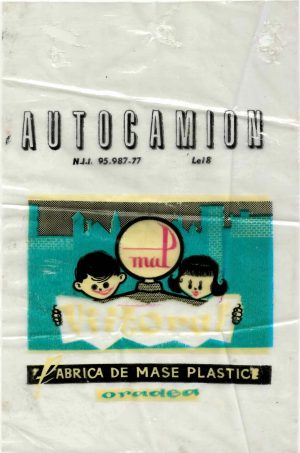 Punga-ambalaj originală pentru jucăria Autocamion fabricată la Fabrica de mase plastice Oradea, perioada comunistă