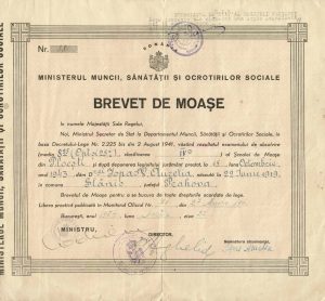 Brevet de moașe, examen de absolvire și jurământ în 1943, formular Regatul României, eliberat în 1954