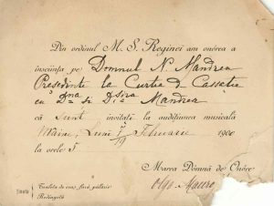 Invitație regală olografă din 1900 semnată de Olga Mavrogheni către Nicolae Mandrea, președinte la Curtea de Casație