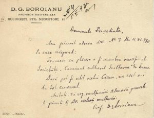 Dimitrie G Boroianu, notă olografă cu antetul său personal, 1930