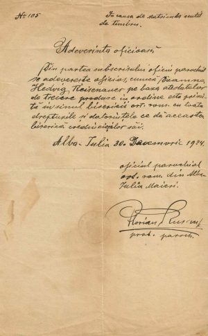 Adeverință oficioasă de primire în sânul bisericii ortodoxe române, 1924, Alba Iulia, semnată olograf de preotul Florian Rusan