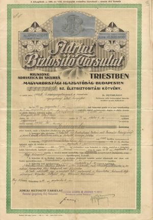 Societatea Adriatica de Asigurare în Triest, Direcțiunea pentru România, Cluj, 1923, poliță de asigurare de viață pentru președintele tribunalului Alba Iulia, Victor Constantinescu